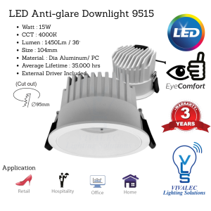 VLS 9515 LED Recessed Anti-Glare Downlight – 15W, 4000K, 95mm Cut Out
