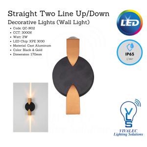 Straight Two Line Up/Down Wall Light | QC-N02, 3000K, 2W, Black & Gold