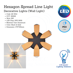 Hexagon Spread Line Wall Light | QC-N14, 3000K, 6W, Black & Gold