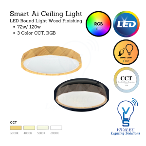 MoiSti Smart Ai LED Surface Light Round 72w/120w with Natural Beige Wood Finish 5C Tuya Controllable Color Temp Changing