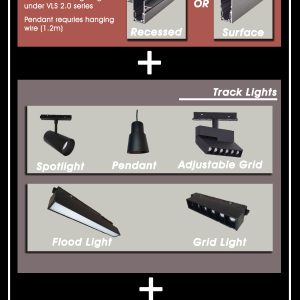 VLS 2.0 LED Track Light Whole Sets with Chooseable Grid Light, Flood Light or Pendant Track with FREE 2m track rail and power supply [ All in Warm White(3000K)]