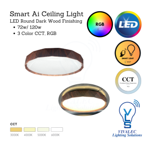 MoiSti Smart Ai LED Surface Light Round 72w/120w with Natural Dark Wood Finish 5C Tuya Controllable Color Temp Changing