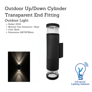Outdoor Up/Down Cylinder Wall Light - Transparent End Fitting, GU10 Holder, Cast Aluminum & Glass 9965