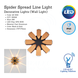 Spider Spread Line Wall Light | QC-N16, 3000K, 8W, Black & Gold