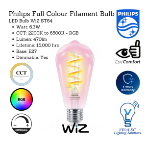 Philips WiZ Full Colour Smart LED Filament Bulb ST64 E27 - RGB & Tunable White (2,200K−6,500K)