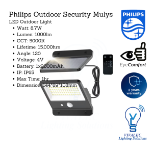 Philips Mulys 8.7W Outdoor LED Security Light - 1000lm, IP65 Rated, Battery Powered